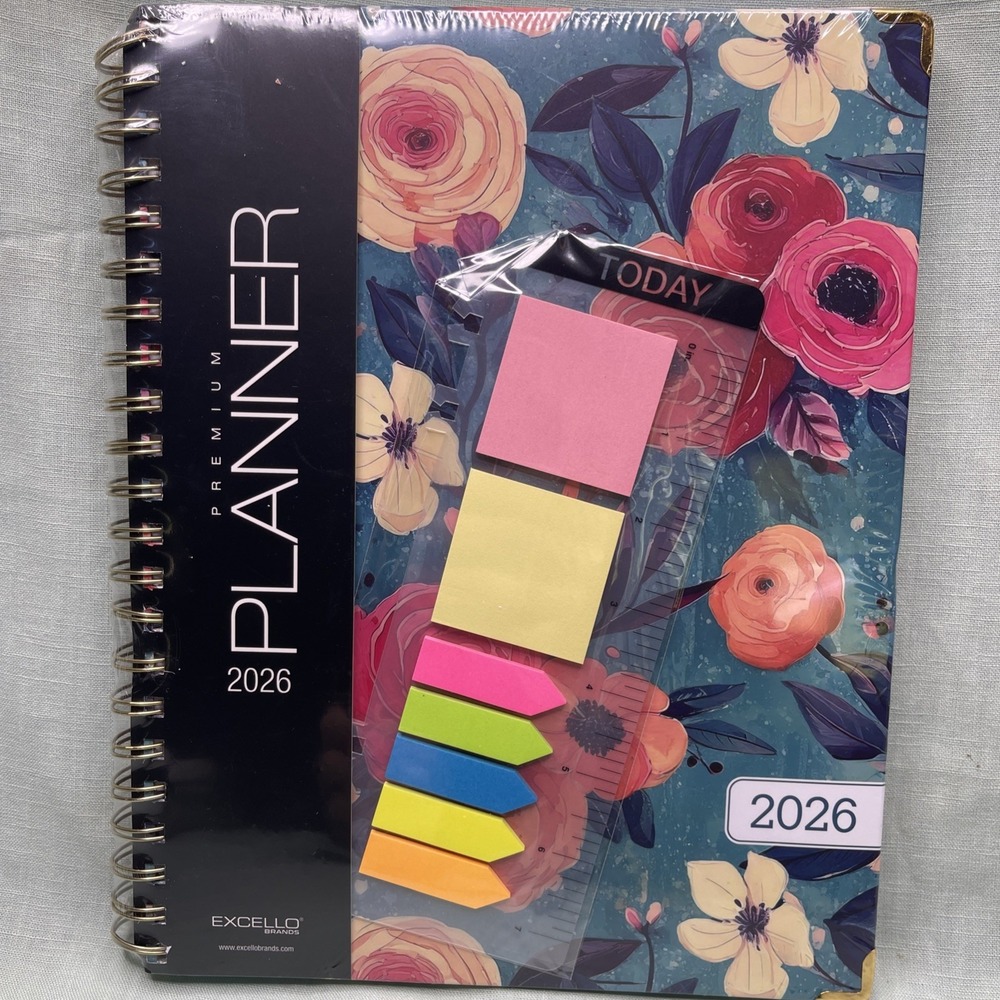 2026 Premium Planner Notebook Floral Spiral w Sticky Note Tabs Ruler Excello Set